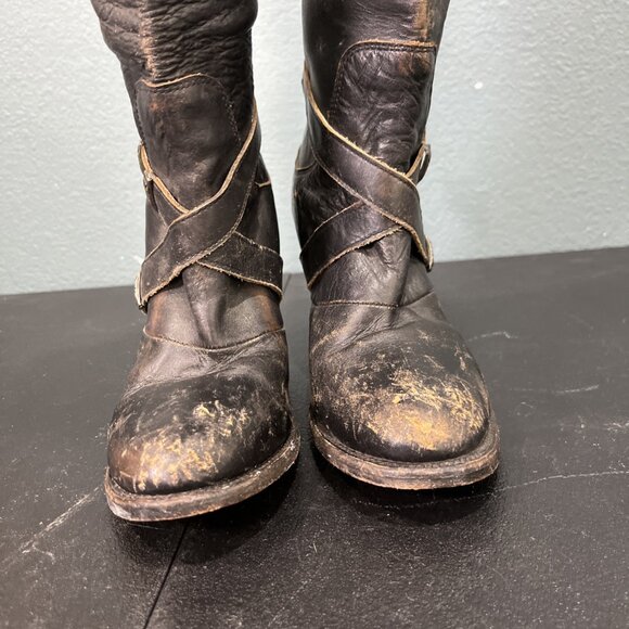 Freebird Teagan Boots Womens 8 Black Distressed Leather Knee High Western Buckle - Picture 2 of 10